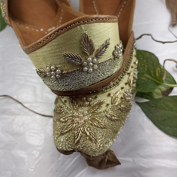 Dazzling Gold Embellished Party Shoes - Handmade with Beads, Women's Khussa and Mojaris. Explore Indian Ethnic Footwear, Gold Women Jutti...