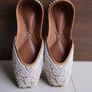 White Bridal Bliss: Handmade Beaded Party Shoes - Women&#39;s Khussa, Mojari, Indian Ethnic Gold Jutti, Elegant Footwear for Special Occasions..