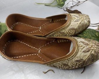 Gold Embellished Party Shoes - Handmade Shoes Beads, Women Khussa, Mojari, Indian Ethnic Gold Jutti, Elegant Footwear for Special Occasions.