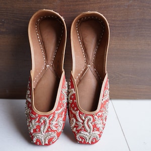 Custom Wedding Shoes for Bride - Red Beaded Bridal Shoes, Colorful Punjabi Jutti, Ethnic Party Khussa Women, Indian Bridesmaid Ethnic Flair.
