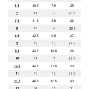 May include: A men's shoe size conversion chart showing UK, EU, US, and CM sizes. The chart lists sizes from 5.5 to 14 in UK sizes, 39.5 to 48 in EU sizes, 6.5 to 15 in US sizes, and 24 to 32.5 in CM sizes.