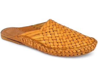 Chic Comfort: Womens Woven Leather Mules, Criss Cross Back Open Slip Ons-Flat Loafers, Cute Slides, Kolhapuri Chappals. Explore Unique Style