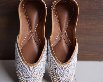 White Bridal Bliss: Handmade Beaded Party Shoes - Women's Khussa, Mojari, Indian Ethnic Gold Jutti, Elegant Footwear for Special Occasions.