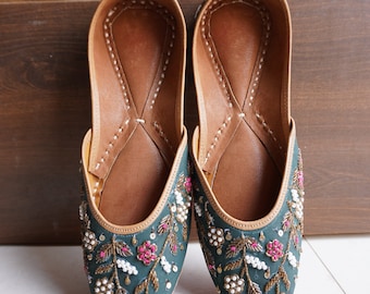 Green Embroidered Leather Jutti Shoes: Ethnic Indian Wedding