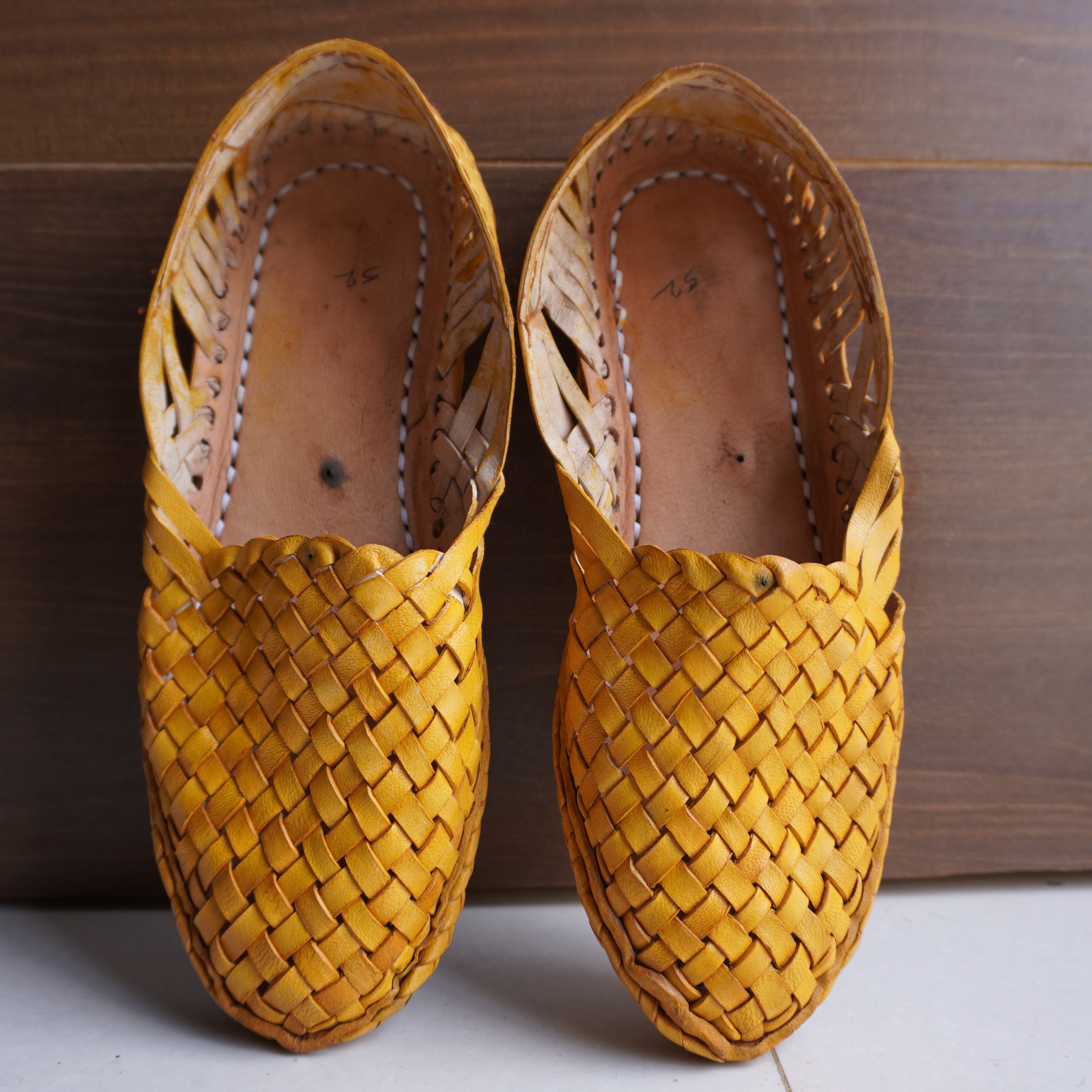 Handmade Indian Leather Men's Shoes: Traditional Woven Mules for Casual & Beachwear, Authentic Tan and Brown Ethnic Style Boho Hippie Flair.