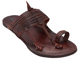 Sandalias Kolhapuri para Hombre Sandalias de Jesús con Correa en T de Cuero Genuino, Calzado Hippie Tradicional Hecho a Mano, Zapatos Indios auténticos para Hombres Hechos en la India