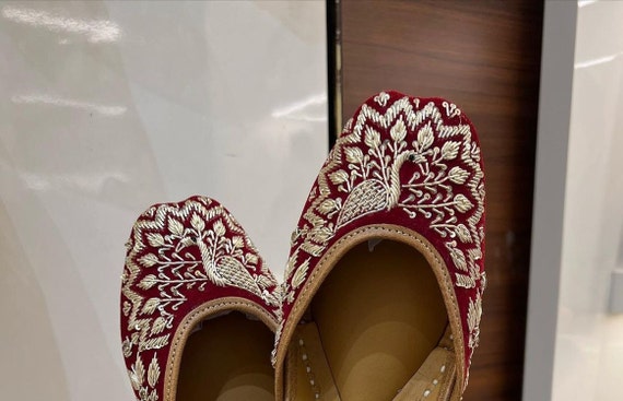Handmade Dulhan Wedding Shoes Maroon Cross strap Jutti With Ethnic