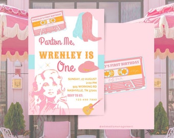 Dolly Parton Invitation Birthday Party Celebration Modern Simple Customizable Pink and Orange Western Cowgirl Parton Me Retro