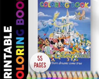 Puede incluir: Un libro para colorear imprimible con personajes de Disney y el icónico Castillo de Cenicienta. La portada es azul con el texto "Coloring Book" y "Walt Disney World Where dreams come true". El libro tiene 55 páginas.