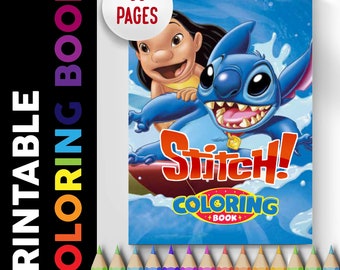 Könnte beinhalten: Ein ausdruckbares Malbuch mit den Charakteren Lilo und Stitch. Das Cover zeigt Stitch in Blau mit einem breiten Lächeln und Lilo. Das Buch hat 55 Seiten und der Titel "Stitch! Coloring Book" ist in Rot und Gelb dargestellt.
