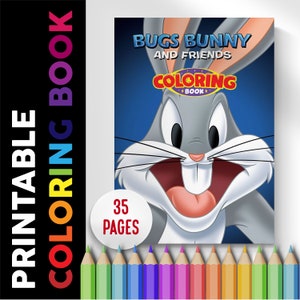 May include: A printable Bugs Bunny and Friends coloring book with 35 pages. The cover features a close-up of Bugs Bunny's face with a big smile. The coloring book is surrounded by colored pencils.