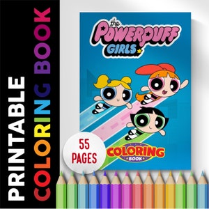 Puede incluir: Un libro para colorear imprimible con las Chicas Superpoderosas. La portada muestra a las tres chicas volando con un fondo rosa, azul y verde. El libro tiene 55 páginas.