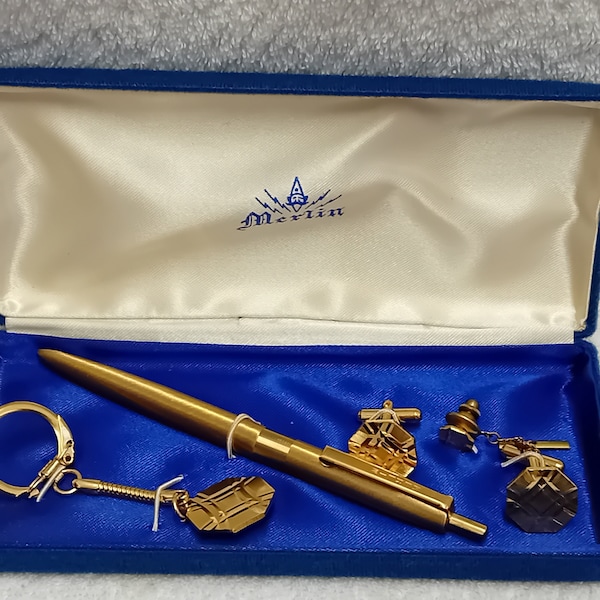 Merlin Gold plate pen - cufflink - keyring - tie pin gift set Boxed