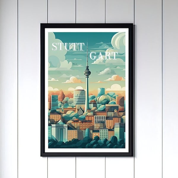 Stuttgart Skyline Print | Wall Art Posters | Stuttgart Wall Art | Stuttgart Cityscape Art | Stuttgart Wall Deco | Retro vintage travel posters