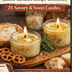 May include: A cookbook titled "MELT & SAVOR" with the subtitle "Edible Candles Recipe Cookbook". The cover features lit candles in glass jars, surrounded by bread, pretzels, and herbs. The book promises 25 savory and sweet candle recipes.