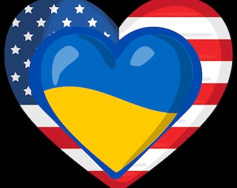 May include: A heart-shaped design with the American flag on the outside and the Ukrainian flag on the inside.