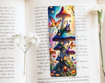 Whimsical Fairy Mushroom House Bookmark Fantasy Book Lover Gift Enchanted Forest Magical Mushroom Bookmark  Butterfly & Fairy  Illustration
