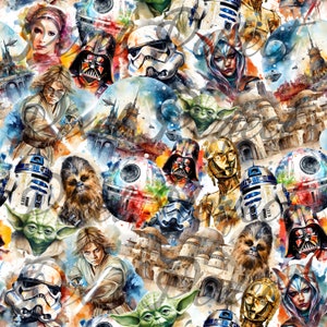 May include: A colorful watercolor pattern featuring characters and objects from the Star Wars universe. The pattern includes Darth Vader, Yoda, Chewbacca, R2-D2, C-3PO, Stormtroopers, and the Millennium Falcon.