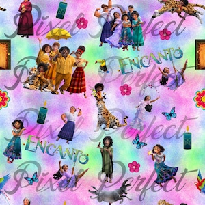 May include: A colorful, digital illustration featuring characters from the animated film Encanto. The characters are depicted in a variety of poses, including dancing, singing, and playing music. The background is a vibrant, abstract design with a rainbow gradient. The text "Encanto" is prominently displayed in the center of the image.