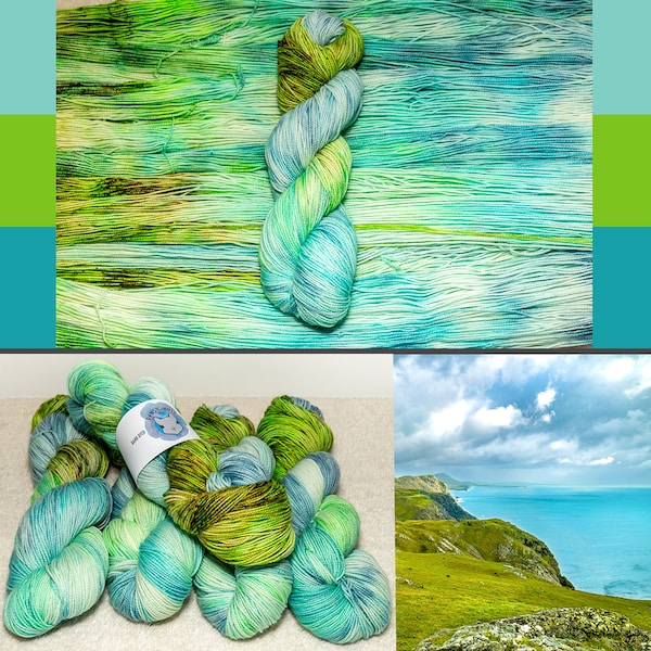 Cliffs of Donegal - hand dyed yarn - sock, fingering - Size 1 - Needle US 3-4, Hook E4 - blue green aqua turquoise white yellow speckle