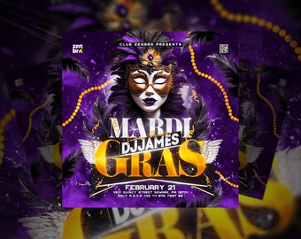 EDITABLE Mardi Gras Carnival Template, Event Flyer, Night Club Invite Flyer, DJ Flyer Design - Photoshop, Photopea, Instagram, Facebook