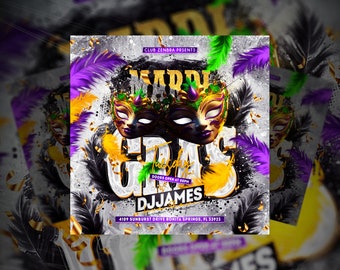 EDITABLE Mardi Gras Carnival Template, Event Flyer, Night Club Invite Flyer, DJ Flyer Design - Photoshop, Photopea, Instagram, Facebook
