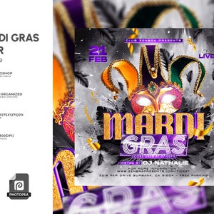 May include: Mardi Gras flyer template with a festive design. The flyer features a mask in gold, purple, and green, with the text "MARDI GRAS" in large, gold letters. Additional text includes event details and Photoshop compatibility.