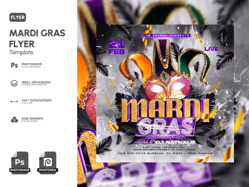 May include: Mardi Gras flyer template with a festive design. The flyer features a mask in gold, purple, and green, with the text "MARDI GRAS" in large, gold letters. Additional text includes event details and Photoshop compatibility.