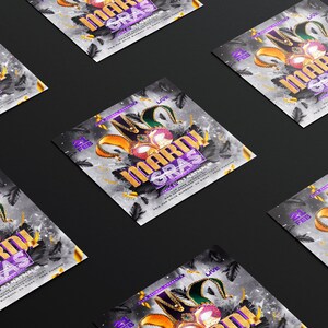 May include: Multiple square flyers with a Mardi Gras theme. The flyers feature a gold and purple color scheme with masks, feathers, and the text "Mardi Gras" in a glittery font. The date "21 FEB" is also visible.