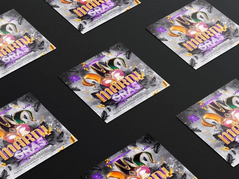 May include: Multiple square flyers with a Mardi Gras theme. The flyers feature a gold and purple color scheme with masks, feathers, and the text "Mardi Gras" in a glittery font. The date "21 FEB" is also visible.