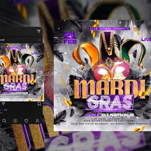 May include: Mardi Gras flyer template with a festive design. Features a mask with orange, green, and purple accents, and the text "MARDI GRAS" in gold. Includes event details and DJ information.