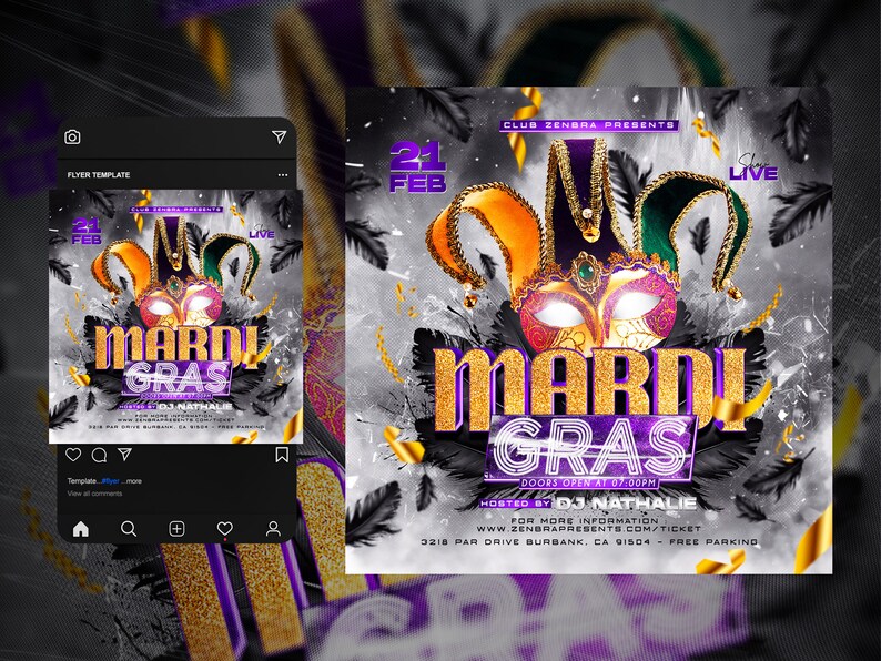 May include: Mardi Gras flyer template with a festive design. Features a mask with orange, green, and purple accents, and the text "MARDI GRAS" in gold. Includes event details and DJ information.