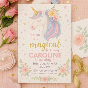 Magical Unicorn Birthday Invitation, Editable Template, 2nd 3rd 4th 5th 6th Girl’s Birthday Party, Pastel Rainbow Theme, Instant Download