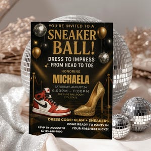 Invitación editable para fiesta de zapatillas deportivas, invitación a fiesta de zapatillas glamurosas, dorado, negro y rojo, fiesta de homenaje, descarga instantánea, plantilla de Canva para imprimir o texto