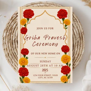 Convite para a Cerimônia de Griha Pravesh, Convite Editável para Inauguração de Casa, Convite Digital Hindu para Nova Casa, Cartão para Templo de Puja, Inauguração de Casa Indiana