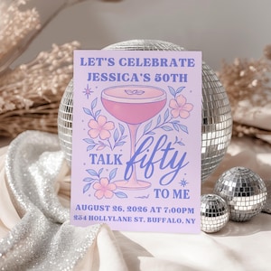 50th Birthday Invitation: Pink Floral Cocktail Party, Editable Canva Template (Digital Download)