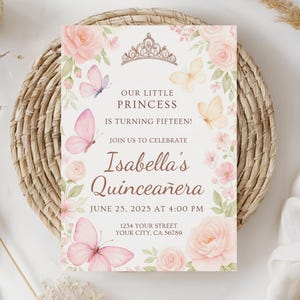 Floral Quinceañera Invitation: Butterfly Princess Sweet 15 (Digital Download, 5x7&quot; Editable Template)