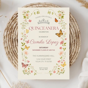 Editable Quinceañera Invitation with Butterflies, Floral Sweet 15 Invite, Quince Invitation, Instant Download