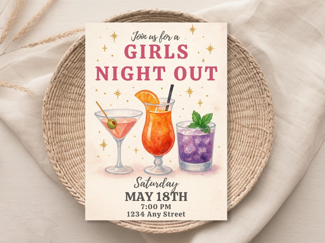 Girls Night Out Invitation: Watercolor Cocktails, Editable Template ...