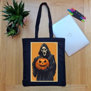 Halloween Tote Bag - Scream Ghostface with Pumpkin | Eco-Friendly Canvas Bag | Spooky Halloween Design