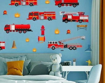 Red Fire Trucks Wall Decals Transportation Firefighter Vehicle Wall Stickers Peel and Stick Removable Wall Art Murals Boys Bedroom Playroom