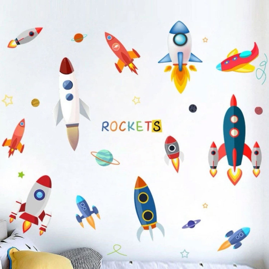 Space Rockets Wall Stickers Colorful Nursery Decor for Boys