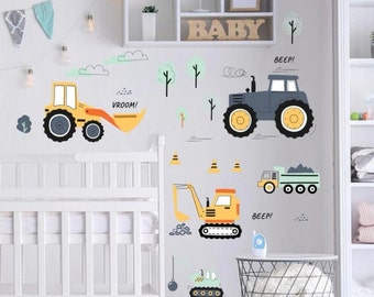 Baby room stickers, children's wall stickers, boy sticker, tractor, backhoe, works, construction equipment, transport, cars