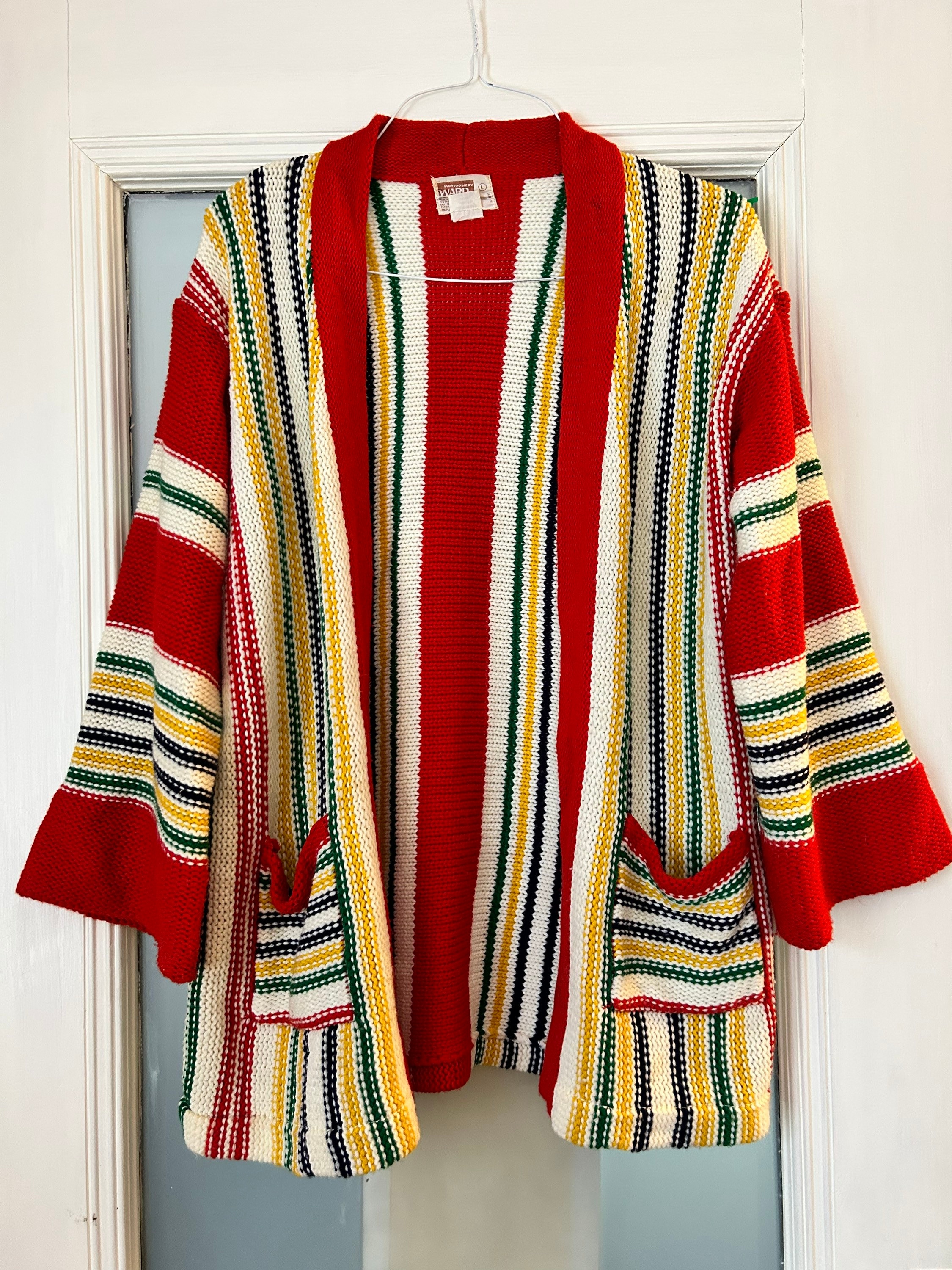 1970s Vintage Bell Sleeve Cardigan Montgomery Ward knit striped cardigan