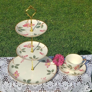Handcrafted 3 Tier Dessert Stand and Matching Cup and Saucer, "Suburban Rose" Japanese China, Mulberry, Green, Brown, Cream &Gold Stand(70b)