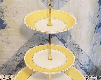 Soporte artesanal de 3 niveles, CREAMPETAL Grindley Inglaterra, amarillo brillante, blanco y dorado, exquisito soporte para postres de té de la tarde (97)