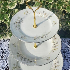 Handcrafted 3 Tier Cake Stand, White, Cream, Silver and Gold, Czechoslovakian Fine Bohemian China "Blossom" High Tea Dessert Stand (78)