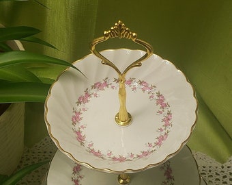 Handcrafted 3 Tier Cake Stand, Pink Petite Ironstone Ware By Myott England, Pink, White and Gold High Tea China Dessert Stand (53)
