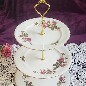 Handcrafted 3 Tier Cake Stand, Westville Royal Rose Fine China Japan, Cerise Pink, White, Green and Gold High Tea Dessert Stand (98)