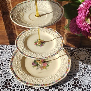 Handcrafted 3 Tier Cake Stand, Crown Ducal Gainsborough English China, Cream, Pink, Purple, Blue and Green High Tea 3 Tier Stand (18)